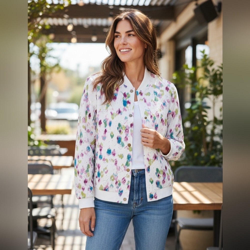Nicole by Nicole Miller Cotton White Floral Bomber Jacket